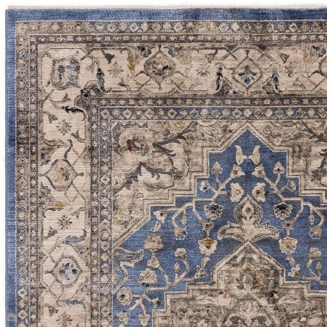 Sovereign Traditional Persian Vintage Distressed Shimmer Medallion Border Soft-Touch Ribbed Textured Polyester Low Profile Short Pile Fringe Blue/Beige/Grey/Charcoal/Multi Rug-Asiatic Carpets-Rug Love - The Most Loved Rug Store