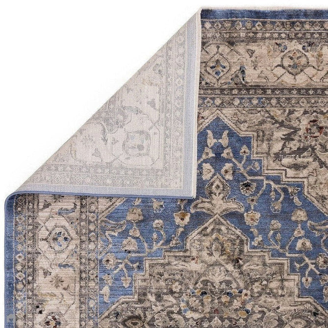 Sovereign Traditional Persian Vintage Distressed Shimmer Medallion Border Soft-Touch Ribbed Textured Polyester Low Profile Short Pile Fringe Blue/Beige/Grey/Charcoal/Multi Rug-Asiatic Carpets-Rug Love - The Most Loved Rug Store