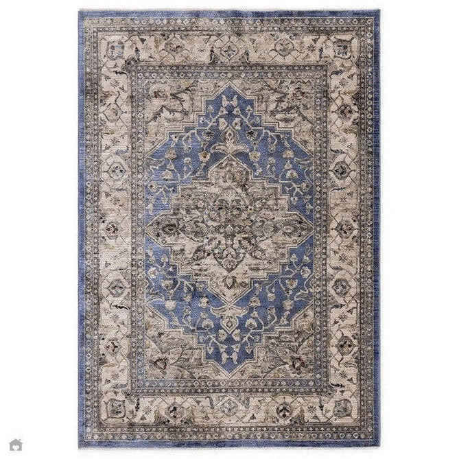 Sovereign Traditional Persian Vintage Distressed Shimmer Medallion Border Soft-Touch Ribbed Textured Polyester Low Profile Short Pile Fringe Blue/Beige/Grey/Charcoal/Multi Rug-Asiatic Carpets-Rug Love - The Most Loved Rug Store