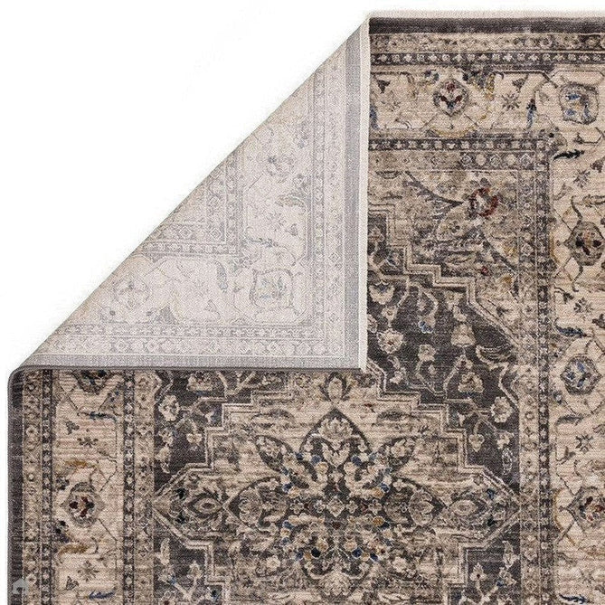 Sovereign Traditional Persian Vintage Distressed Shimmer Medallion Border Soft-Touch Ribbed Textured Polyester Low Profile Short Pile Fringe Charcoal Grey/Silver Rug-Asiatic Carpets-Rug Love - The Most Loved Rug Store