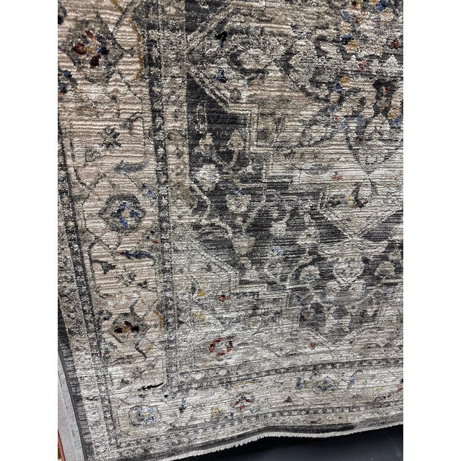 Sovereign Traditional Persian Vintage Distressed Shimmer Medallion Border Soft-Touch Ribbed Textured Polyester Low Profile Short Pile Fringe Charcoal Grey/Silver Rug-Asiatic Carpets-Rug Love - The Most Loved Rug Store