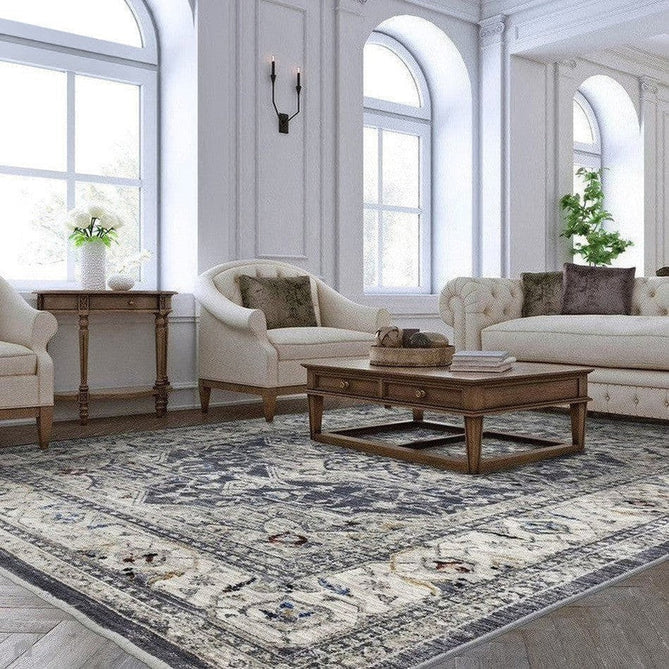 Sovereign Traditional Persian Vintage Distressed Shimmer Medallion Border Soft-Touch Ribbed Textured Polyester Low Profile Short Pile Fringe Charcoal Grey/Silver Rug-Asiatic Carpets-Rug Love - The Most Loved Rug Store