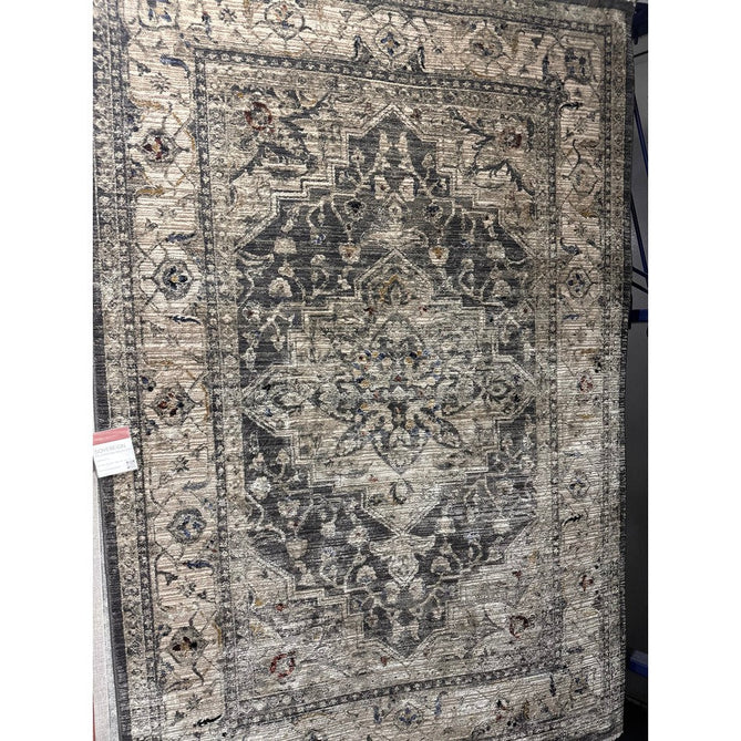 Sovereign Traditional Persian Vintage Distressed Shimmer Medallion Border Soft-Touch Ribbed Textured Polyester Low Profile Short Pile Fringe Charcoal Grey/Silver Rug-Asiatic Carpets-Rug Love - The Most Loved Rug Store