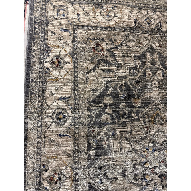 Sovereign Traditional Persian Vintage Distressed Shimmer Medallion Border Soft-Touch Ribbed Textured Polyester Low Profile Short Pile Fringe Charcoal Grey/Silver Rug-Asiatic Carpets-Rug Love - The Most Loved Rug Store
