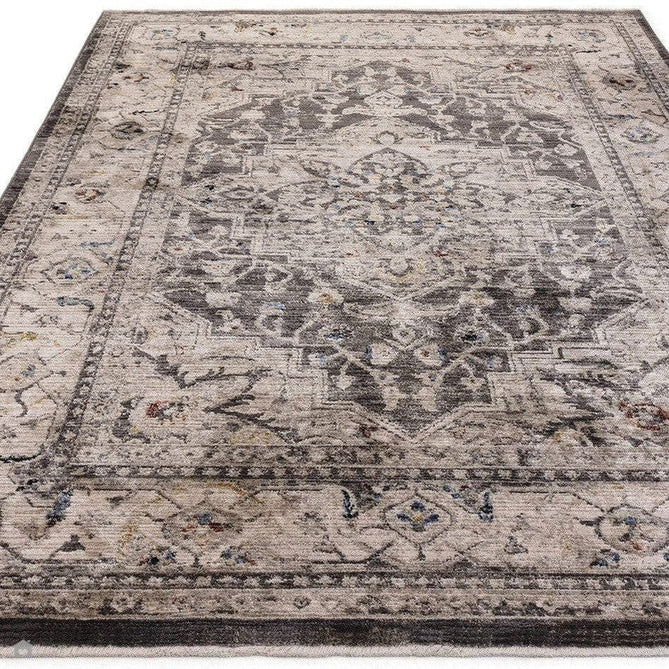 Sovereign Traditional Persian Vintage Distressed Shimmer Medallion Border Soft-Touch Ribbed Textured Polyester Low Profile Short Pile Fringe Charcoal Grey/Silver Rug-Asiatic Carpets-Rug Love - The Most Loved Rug Store