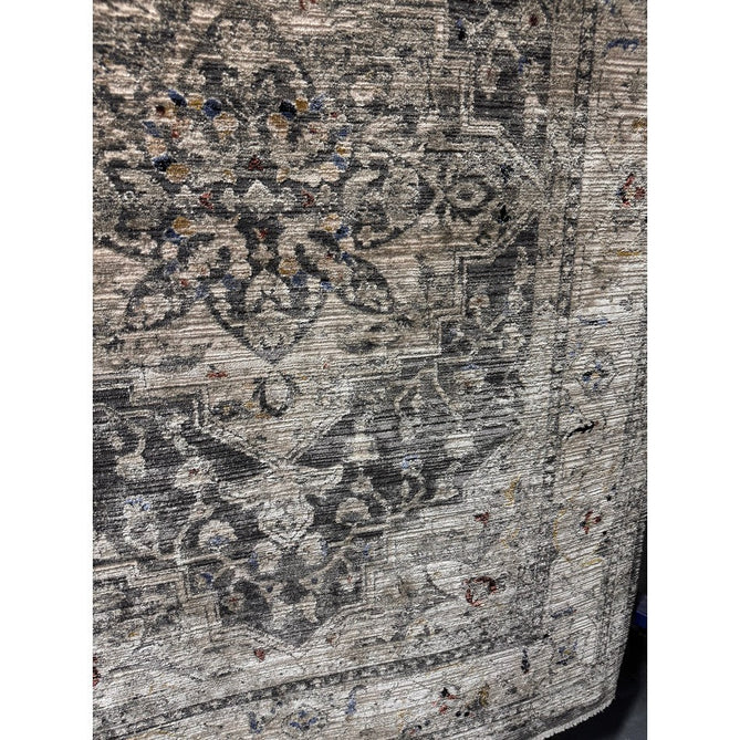Sovereign Traditional Persian Vintage Distressed Shimmer Medallion Border Soft-Touch Ribbed Textured Polyester Low Profile Short Pile Fringe Charcoal Grey/Silver Rug-Asiatic Carpets-Rug Love - The Most Loved Rug Store