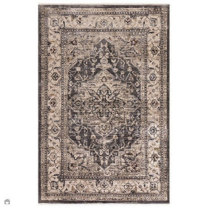 Sovereign Traditional Persian Vintage Distressed Shimmer Medallion Border Soft-Touch Ribbed Textured Polyester Low Profile Short Pile Fringe Charcoal Grey/Silver Rug-Asiatic Carpets-Rug Love - The Most Loved Rug Store