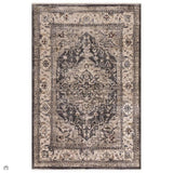 Sovereign Traditional Persian Vintage Distressed Shimmer Medallion Border Soft-Touch Ribbed Textured Polyester Low Profile Short Pile Fringe Charcoal Grey/Silver Rug