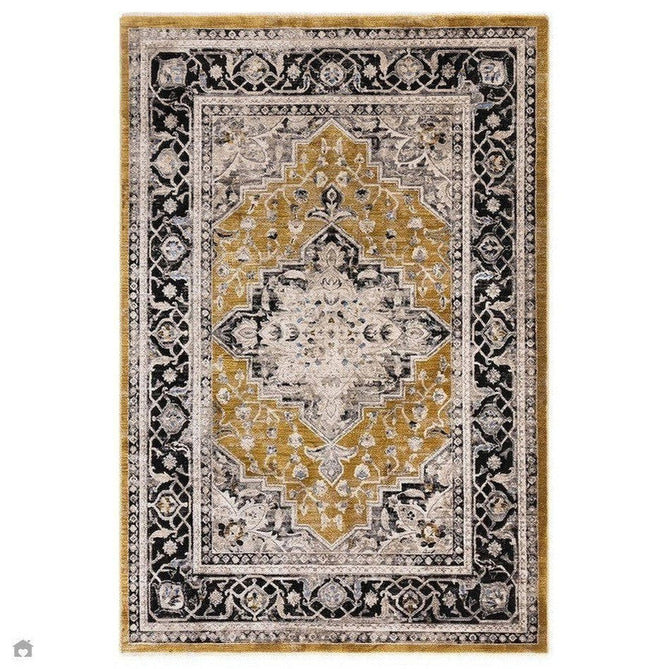 Sovereign Traditional Persian Vintage Distressed Shimmer Medallion Border Soft-Touch Ribbed Textured Polyester Low Profile Short Pile Fringe Gold/Beige/Grey/Charcoal/Multi Rug-Asiatic Carpets-Rug Love - The Most Loved Rug Store