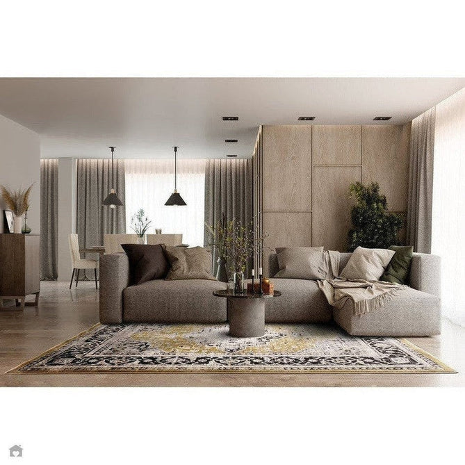 Sovereign Traditional Persian Vintage Distressed Shimmer Medallion Border Soft-Touch Ribbed Textured Polyester Low Profile Short Pile Fringe Gold/Beige/Grey/Charcoal/Multi Rug-Asiatic Carpets-Rug Love - The Most Loved Rug Store