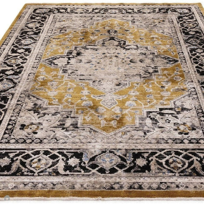 Sovereign Traditional Persian Vintage Distressed Shimmer Medallion Border Soft-Touch Ribbed Textured Polyester Low Profile Short Pile Fringe Gold/Beige/Grey/Charcoal/Multi Rug-Asiatic Carpets-Rug Love - The Most Loved Rug Store