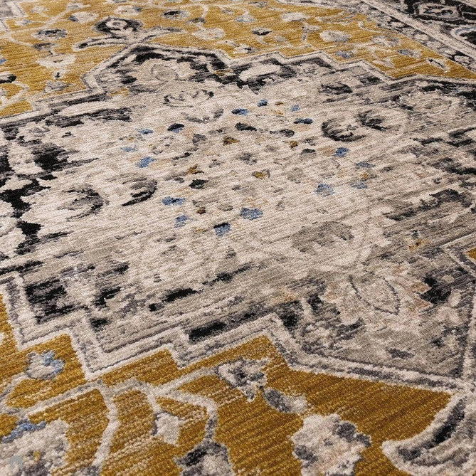 Sovereign Traditional Persian Vintage Distressed Shimmer Medallion Border Soft-Touch Ribbed Textured Polyester Low Profile Short Pile Fringe Gold/Beige/Grey/Charcoal/Multi Rug-Asiatic Carpets-Rug Love - The Most Loved Rug Store