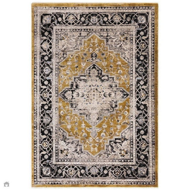 Sovereign Traditional Persian Vintage Distressed Shimmer Medallion Border Soft-Touch Ribbed Textured Polyester Low Profile Short Pile Fringe Gold/Beige/Grey/Charcoal/Multi Rug-Asiatic Carpets-Rug Love - The Most Loved Rug Store