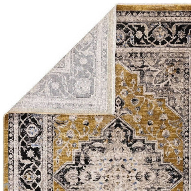 Sovereign Traditional Persian Vintage Distressed Shimmer Medallion Border Soft-Touch Ribbed Textured Polyester Low Profile Short Pile Fringe Gold/Beige/Grey/Charcoal/Multi Rug-Asiatic Carpets-Rug Love - The Most Loved Rug Store