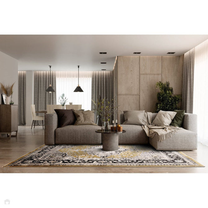 Sovereign Traditional Persian Vintage Distressed Shimmer Medallion Border Soft-Touch Ribbed Textured Polyester Low Profile Short Pile Fringe Gold/Beige/Grey/Charcoal/Multi Rug-Asiatic Carpets-Rug Love - The Most Loved Rug Store