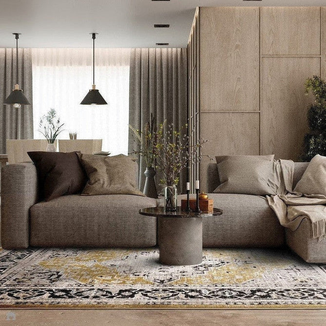 Sovereign Traditional Persian Vintage Distressed Shimmer Medallion Border Soft-Touch Ribbed Textured Polyester Low Profile Short Pile Fringe Gold/Beige/Grey/Charcoal/Multi Rug-Asiatic Carpets-Rug Love - The Most Loved Rug Store