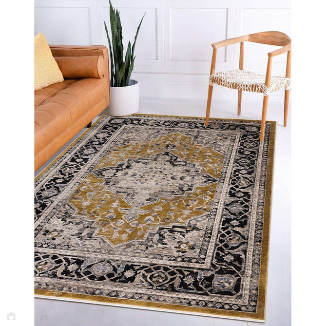 Sovereign Traditional Persian Vintage Distressed Shimmer Medallion Border Soft-Touch Ribbed Textured Polyester Low Profile Short Pile Fringe Gold/Beige/Grey/Charcoal/Multi Rug-Asiatic Carpets-Rug Love - The Most Loved Rug Store