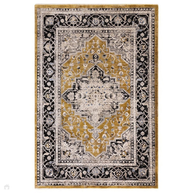 Sovereign Traditional Persian Vintage Distressed Shimmer Medallion Border Soft-Touch Ribbed Textured Polyester Low Profile Short Pile Fringe Gold/Beige/Grey/Charcoal/Multi Rug-Asiatic Carpets-Rug Love - The Most Loved Rug Store