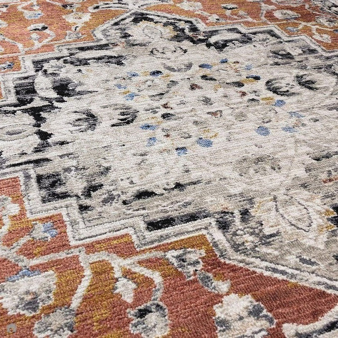 Sovereign Traditional Persian Vintage Distressed Shimmer Medallion Border Soft-Touch Ribbed Textured Polyester Low Profile Short Pile Fringe Terracotta/Beige/Black/Grey/Multi Rug-Asiatic Carpets-Rug Love - The Most Loved Rug Store