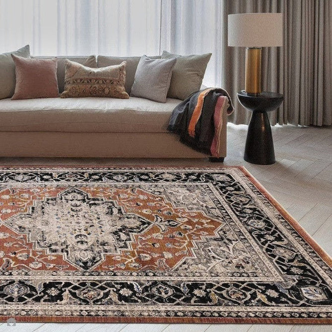Sovereign Traditional Persian Vintage Distressed Shimmer Medallion Border Soft-Touch Ribbed Textured Polyester Low Profile Short Pile Fringe Terracotta/Beige/Black/Grey/Multi Rug-Asiatic Carpets-Rug Love - The Most Loved Rug Store
