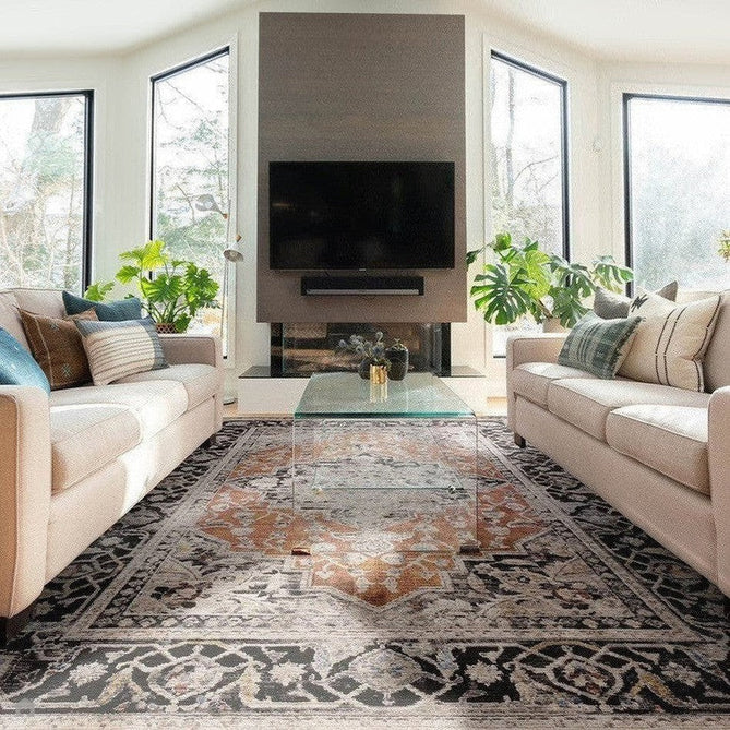 Sovereign Traditional Persian Vintage Distressed Shimmer Medallion Border Soft-Touch Ribbed Textured Polyester Low Profile Short Pile Fringe Terracotta/Beige/Black/Grey/Multi Rug-Asiatic Carpets-Rug Love - The Most Loved Rug Store