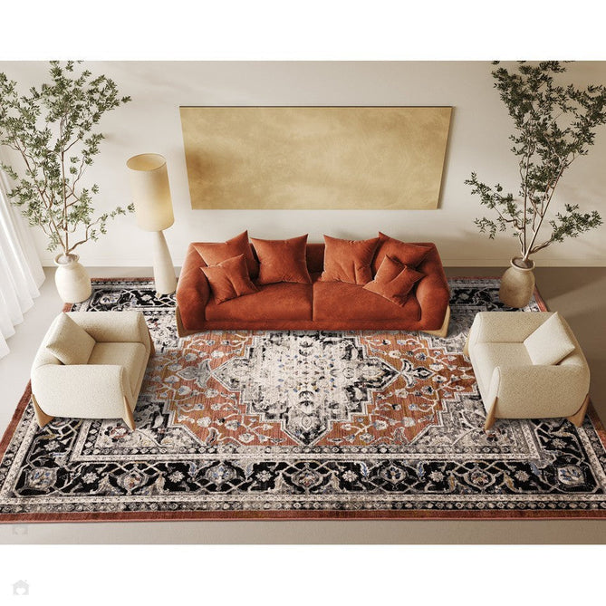 Sovereign Traditional Persian Vintage Distressed Shimmer Medallion Border Soft-Touch Ribbed Textured Polyester Low Profile Short Pile Fringe Terracotta/Beige/Black/Grey/Multi Rug-Asiatic Carpets-Rug Love - The Most Loved Rug Store