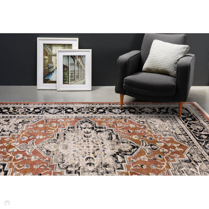 Sovereign Traditional Persian Vintage Distressed Shimmer Medallion Border Soft-Touch Ribbed Textured Polyester Low Profile Short Pile Fringe Terracotta/Beige/Black/Grey/Multi Rug-Asiatic Carpets-Rug Love - The Most Loved Rug Store