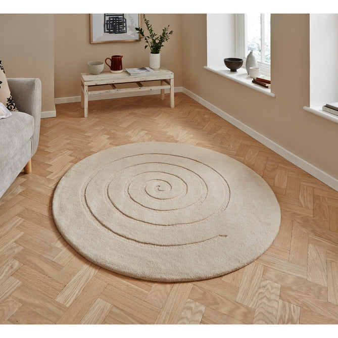 Spiral Modern Plain Hand Woven Carved Hi-Low Wool Round Ivory Rug 180 x 180 cm