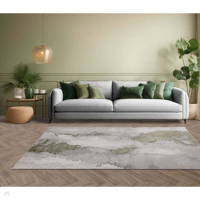Stellar ST04 Modern Abstract Distressed Metallic Shimmer Hi-Low Textured Smooth Soft-Touch Polyester Low Profile Short Pile Grey/Cream/Beige/Green Rug-Asiatic Carpets-Rug Love - The Most Loved Rug Store