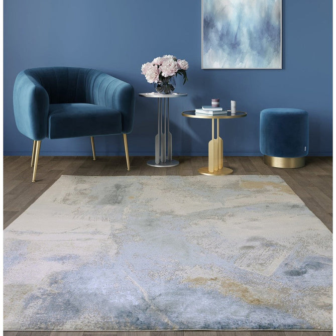 Stellar ST06 Modern Abstract Distressed Shimmer Hi-Low Textured Smooth Soft-Touch Polyblend Short Pile Blue/Grey/Cream/Beige Rug-Asiatic Carpets-Rug Love - The Most Loved Rug Store