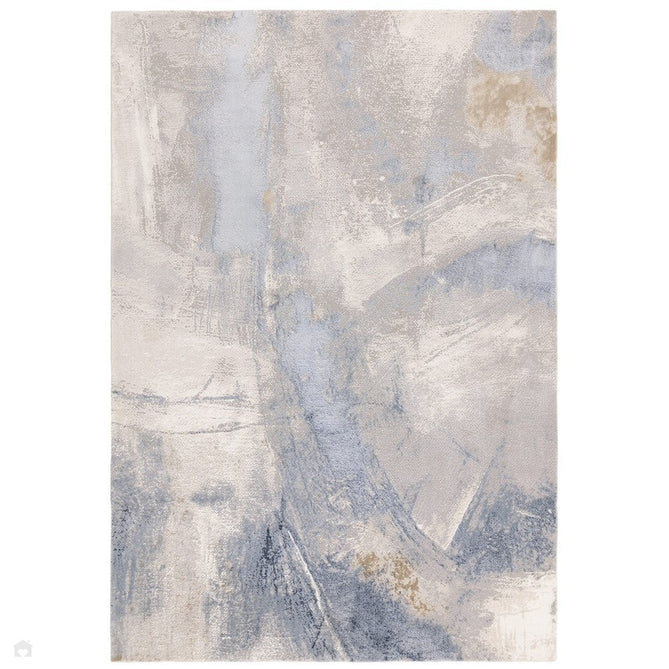 Stellar ST06 Modern Abstract Distressed Shimmer Hi-Low Textured Smooth Soft-Touch Polyblend Short Pile Blue/Grey/Cream/Beige Rug 160 x 230cm