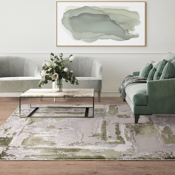 Stellar ST08 Modern Abstract Distressed Metallic Shimmer Hi-Low Textured Smooth Soft-Touch Polyester Low Profile Short Pile Stone Grey/Green/Beige/Cream/Charcoal Rug-Asiatic Carpets-Rug Love - The Most Loved Rug Store