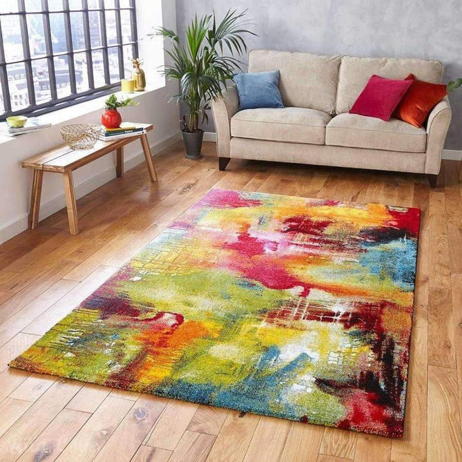 Sunrise 20754 Modern Abstract Dawns Embrace Carved Textured Soft Durable Easy-Care Polypropylene Short-Pile Multicolour/Green/Red/Yellow/Orange/Blue Rug-Think Rugs-Rug Love - The Most Loved Rug Store