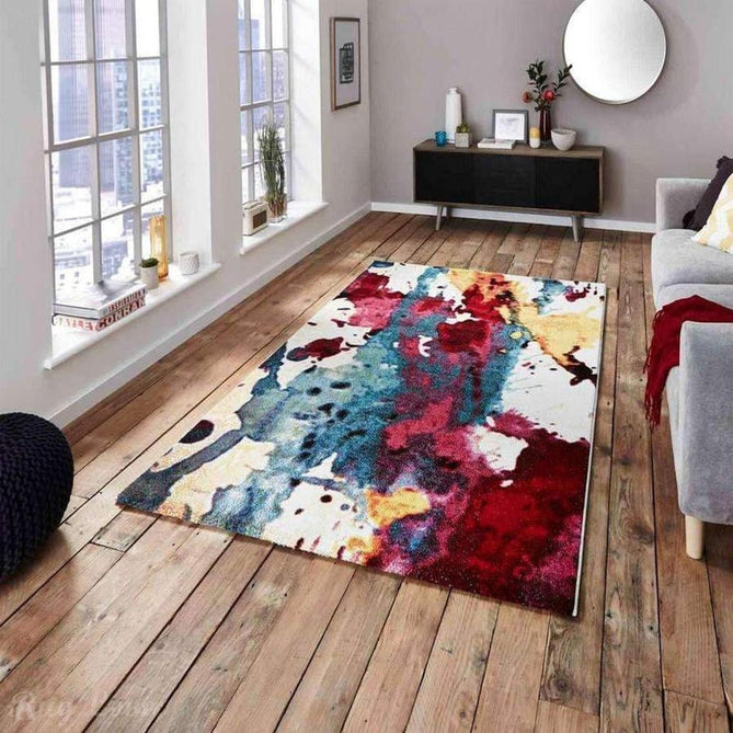 Sunrise 9349A Modern Abstract Colour-Burst Carved Textured Soft Durable Easy-Care Polypropylene Short-Pile Red/Blue/Multicolour Rug-Think Rugs-Rug Love - The Most Loved Rug Store