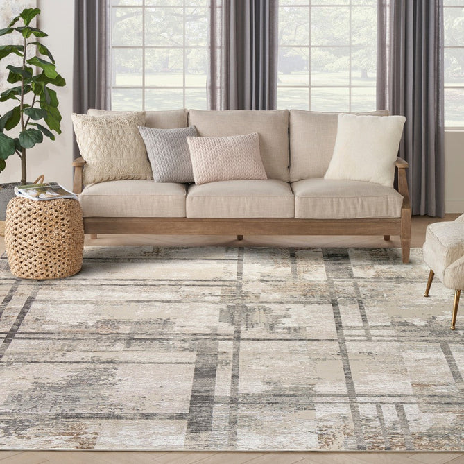 Sustainable Trends SUT02 Modern Abstract Grid Hi Low Textured Soft Recycled Polyester Low Profile Durable Short Pile Beige/Ivory/Charcoal Grey Runner-Nourison-Rug Love - The Most Loved Rug Store