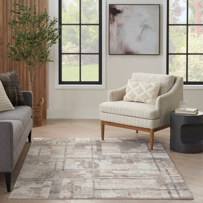 Sustainable Trends SUT02 Modern Abstract Grid Hi Low Textured Soft Recycled Polyester Low Profile Durable Short Pile Beige/Ivory/Charcoal Grey Runner-Nourison-Rug Love - The Most Loved Rug Store