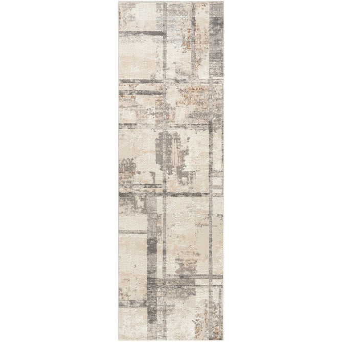 Sustainable Trends SUT02 Modern Abstract Grid Hi Low Textured Soft Recycled Polyester Low Profile Durable Short Pile Beige/Ivory/Charcoal Grey Runner-Nourison-Rug Love - The Most Loved Rug Store