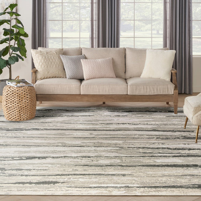 Sustainable Trends SUT03 Modern Abstract Horizontal Stripe Hi Low Textured Soft Recycled Polyester Low Profile Durable Short Pile Taupe Beige/Ivory/Grey/Charcoal Runner-Nourison-Rug Love - The Most Loved Rug Store