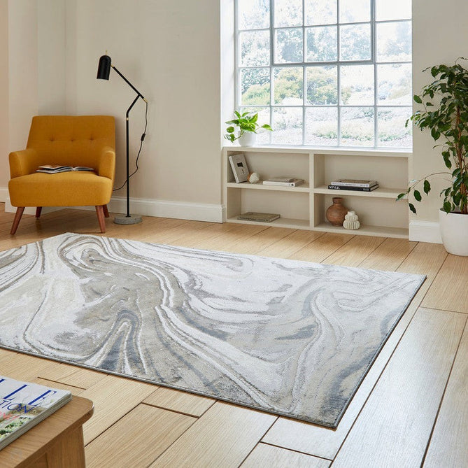 Tidal TL841 Modern Abstract Distressed Metallic Shimmer Soft Smooth Textured Polyester Low Profile Short Pile Silver/Grey/Cream Rug-Think Rugs-Rug Love - The Most Loved Rug Store