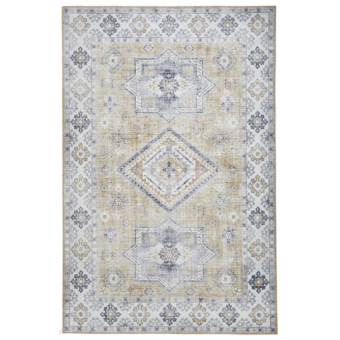 Topaz G4705 Traditional Vintage Distressed Medallion Border Printed Chenille Polyester Flatweave Gold/Cream Rug-Think Rugs-Rug Love - The Most Loved Rug Store