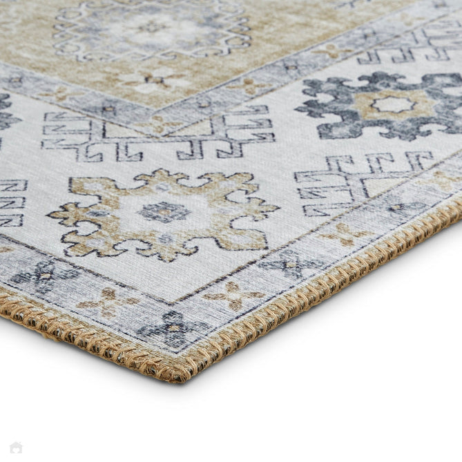 Topaz G4705 Traditional Vintage Distressed Medallion Border Printed Chenille Polyester Flatweave Gold/Cream Rug-Think Rugs-Rug Love - The Most Loved Rug Store