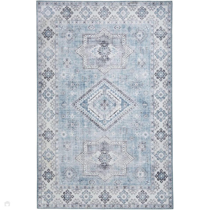 Topaz G4705 Traditional Vintage Distressed Medallion Border Printed Chenille Polyester Flatweave Light Blue/Cream Rug 120 x 170 cm-Shop Returns-Rug Love - The Most Loved Rug Store