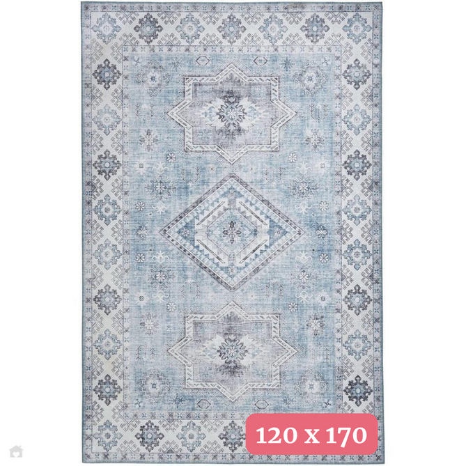 Topaz G4705 Traditional Vintage Distressed Medallion Border Printed Chenille Polyester Flatweave Light Blue/Cream Rug 120 x 170 cm-Shop Returns-Rug Love - The Most Loved Rug Store