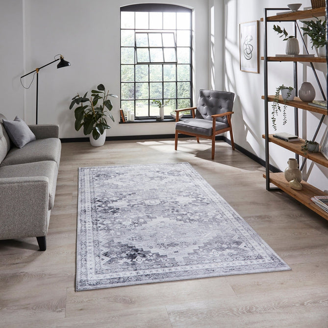 Topaz H1265 Traditional Vintage Distressed Medallion Border Lightweight Printed Chenille Polyester Flatweave Light Grey/Charcoal Grey/Ash Grey/Cream/Ivory/Taupe Beige Rug-Think Rugs-Rug Love - The Most Loved Rug Store