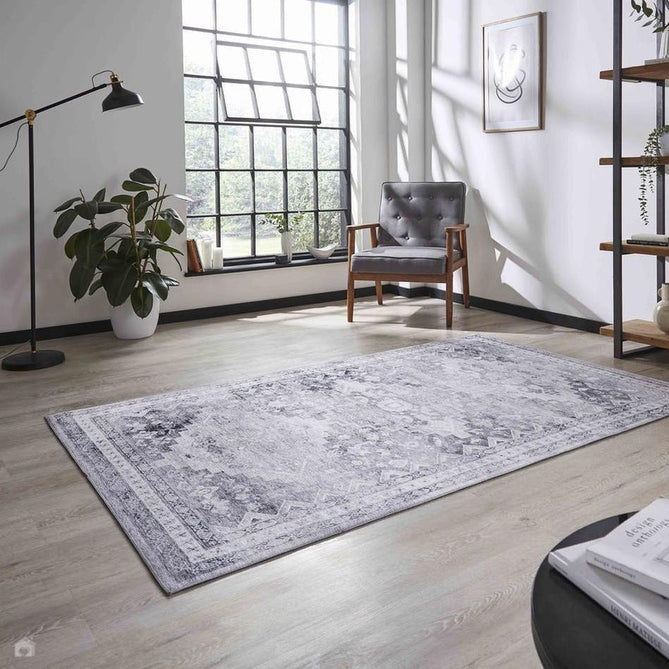 Topaz H1265 Traditional Vintage Distressed Medallion Border Lightweight Printed Chenille Polyester Flatweave Light Grey/Charcoal Grey/Ash Grey/Cream/Ivory/Taupe Beige Rug-Think Rugs-Rug Love - The Most Loved Rug Store