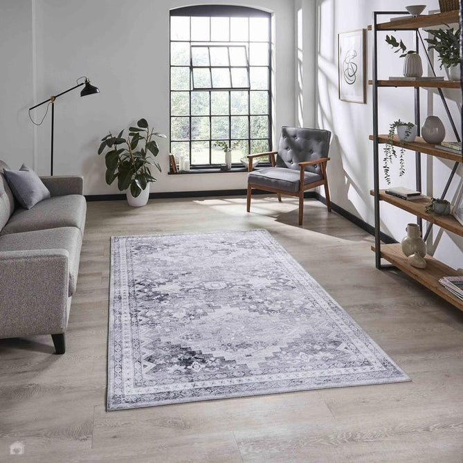 Topaz H1265 Traditional Vintage Distressed Medallion Border Lightweight Printed Chenille Polyester Flatweave Light Grey/Charcoal Grey/Ash Grey/Cream/Ivory/Taupe Beige Rug-Think Rugs-Rug Love - The Most Loved Rug Store