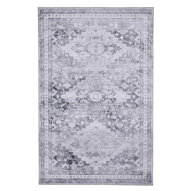 Topaz H1265 Traditional Vintage Distressed Medallion Border Lightweight Printed Chenille Polyester Flatweave Light Grey/Charcoal Grey/Ash Grey/Cream/Ivory/Taupe Beige Rug-Think Rugs-Rug Love - The Most Loved Rug Store