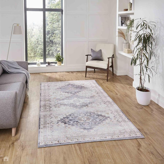 Topaz H1265 Traditional Vintage Distressed Medallion Border Lightweight Printed Chenille Polyester Flatweave Soft Grey/Charcoal Grey/Stone Beige/Ivory/Taupe/Faded Gold Rug-Think Rugs-Rug Love - The Most Loved Rug Store