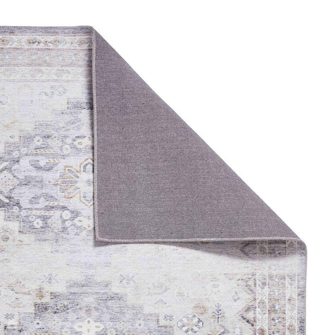 Topaz H1265 Traditional Vintage Distressed Medallion Border Lightweight Printed Chenille Polyester Flatweave Soft Grey/Charcoal Grey/Stone Beige/Ivory/Taupe/Faded Gold Rug-Think Rugs-Rug Love - The Most Loved Rug Store