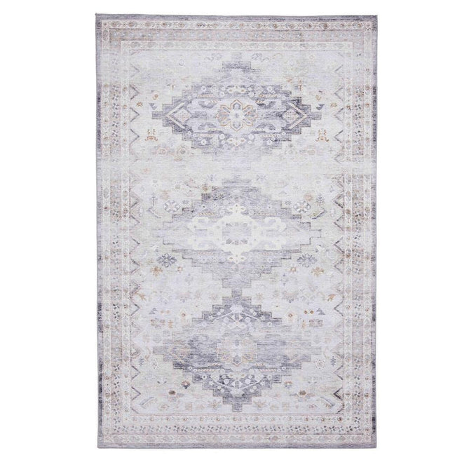 Topaz H1265 Traditional Vintage Distressed Medallion Border Lightweight Printed Chenille Polyester Flatweave Soft Grey/Charcoal Grey/Stone Beige/Ivory/Taupe/Faded Gold Rug-Think Rugs-Rug Love - The Most Loved Rug Store
